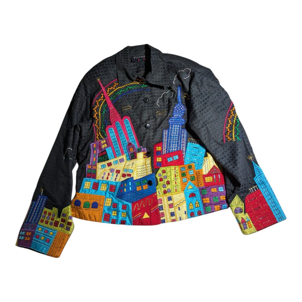 Vtg 1990s Pushpa Black Cotton City Applique Embroidered Button Up Jacket Sz S